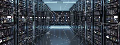 Data centre racks background with a cloud connected web