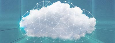 Cloud and Hosting connected dots outline on a background of a cloud with blue sky
